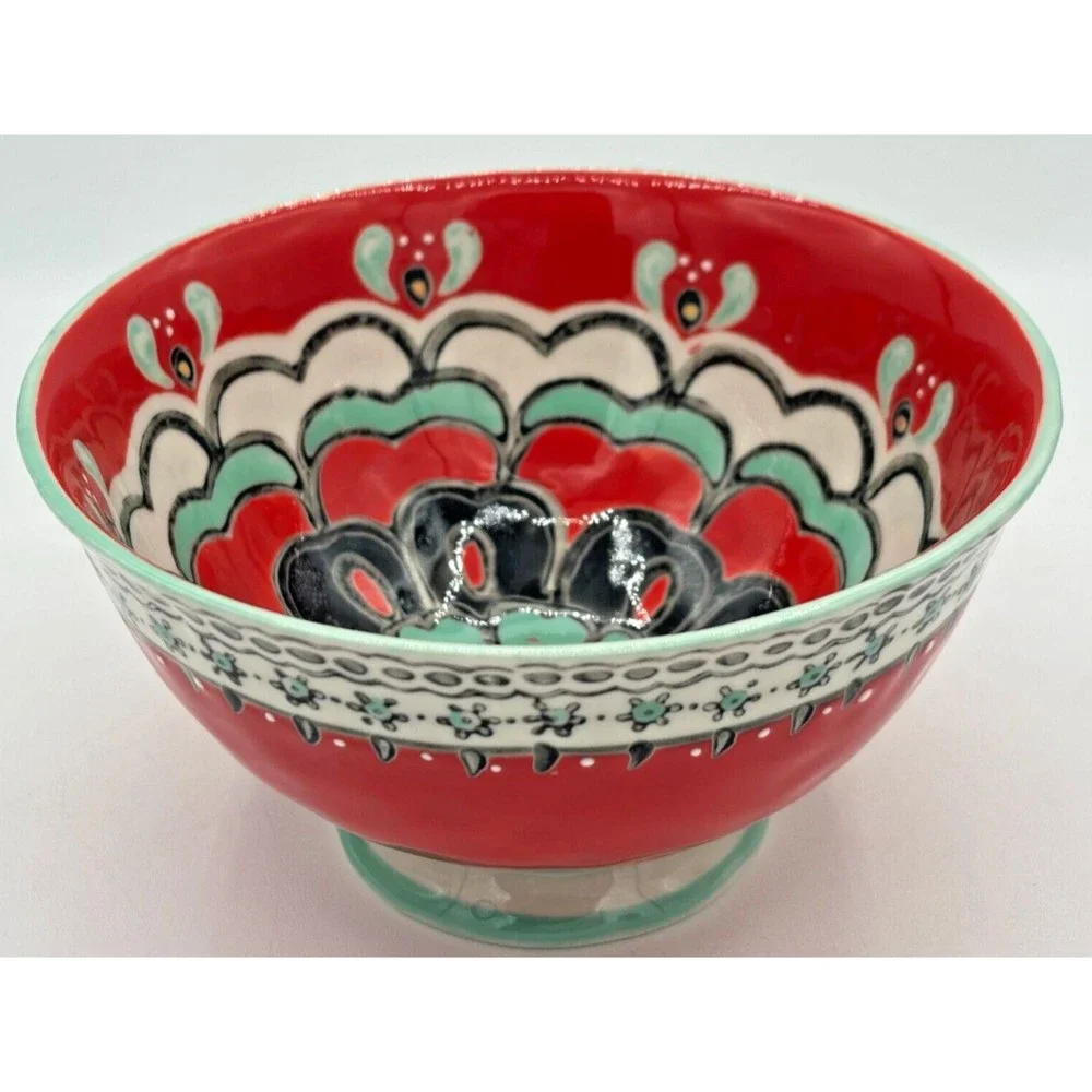 ANTHROPOLOGIE Footed Bowl Akaya Elka Red Bohemian Floral Handpainted Cereal Soup